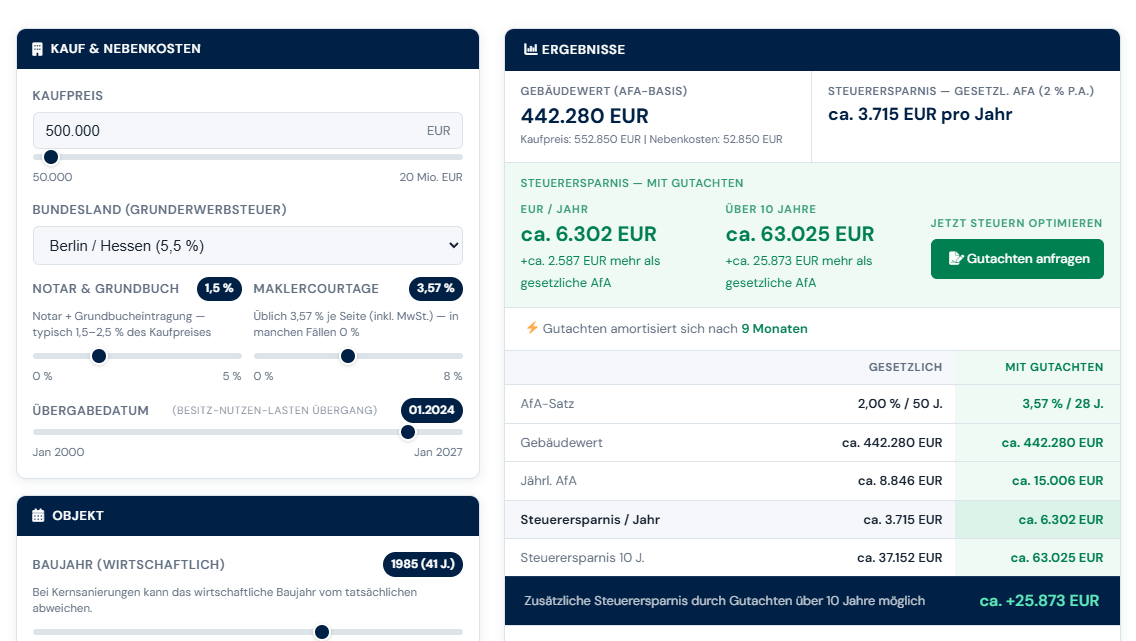 Preview of the depreciation (AfA) calculator: purchase price and property inputs on the left, result with annual tax savings on the right